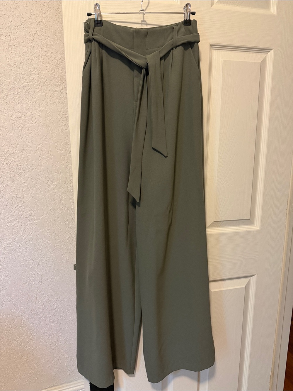 BB Dakota Olive Green Wide-Leg Paperbag Pants with Tie Waist